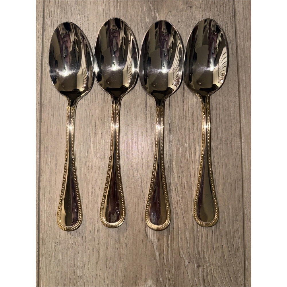 4‎ PCs Yamazaki Allegra Stainless Place Oval Soup Spoons w/Gold Accents Korea